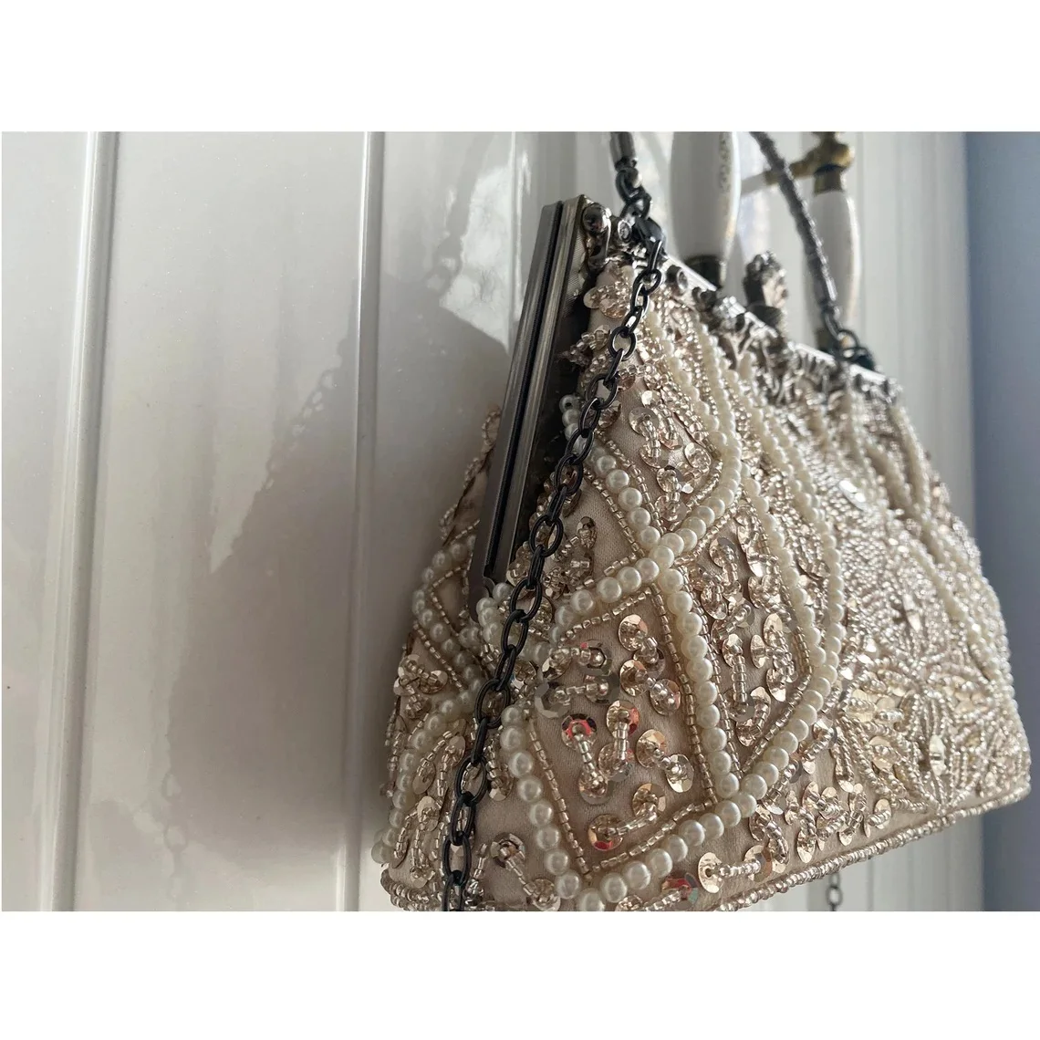 Lost in bolso de noche vintage, bolso de mano con patrón de cuentas de perlas y cadena de hombro extraíble desmontable para fiesta Formal