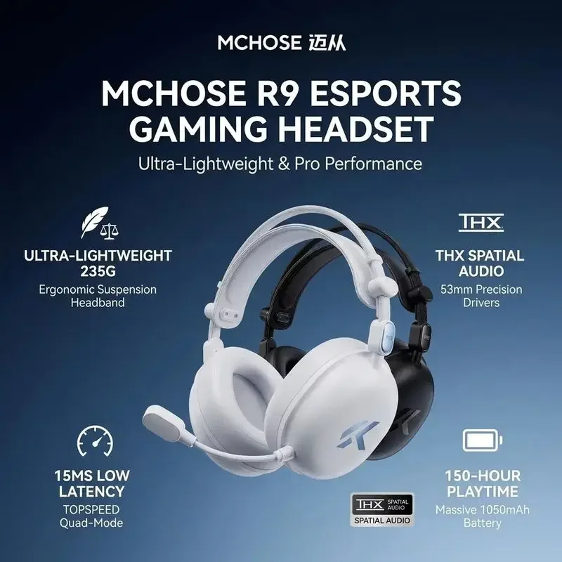 MCHOSE R9 E-sports Wireless Lightweight Gaming Headset 53mm Drivers 4-Mode THX Spatial Audio 15ms Ultra Low Latency