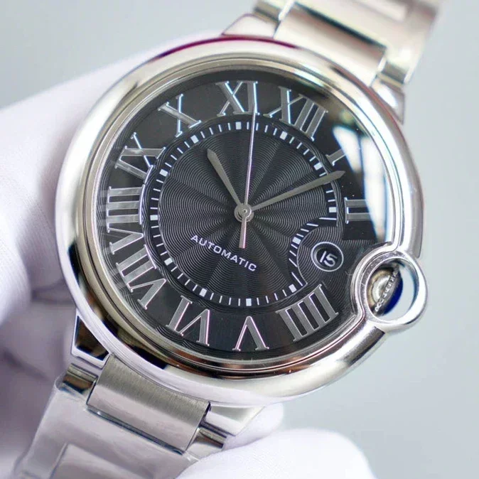 New Mens Automatic Mechanical Blue Watch 904L Stainless Steel Balloon Sapphire Leather Black Blue