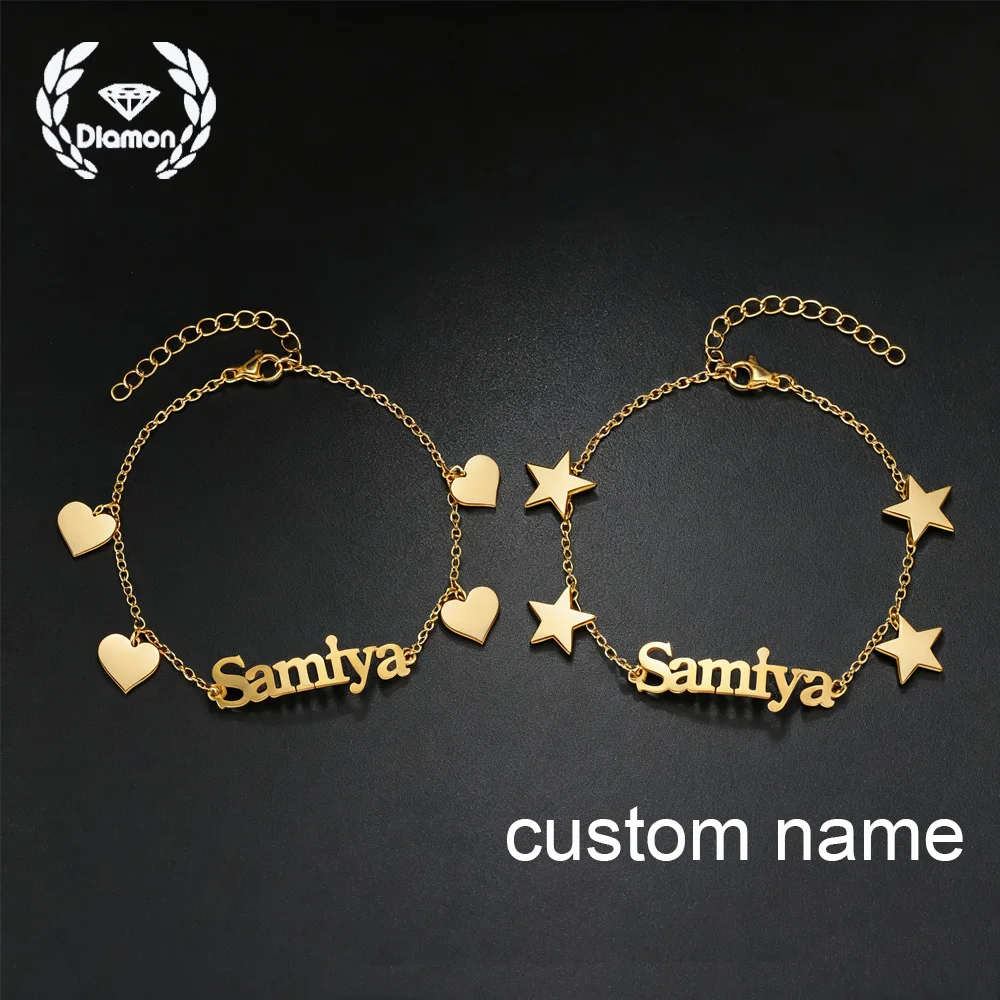 

Diamon Custom Name Bracelet with Star Heart Charms Stainless Steel Chain Personalized Jewelry Gift for Women