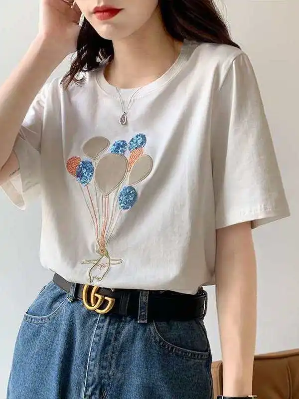 

Летняя свободная повседневная женская футболка из хлопка и льна, универсальная, новая, белая, с коротким рукавом, низким круглым вырезом и геометрическим узором