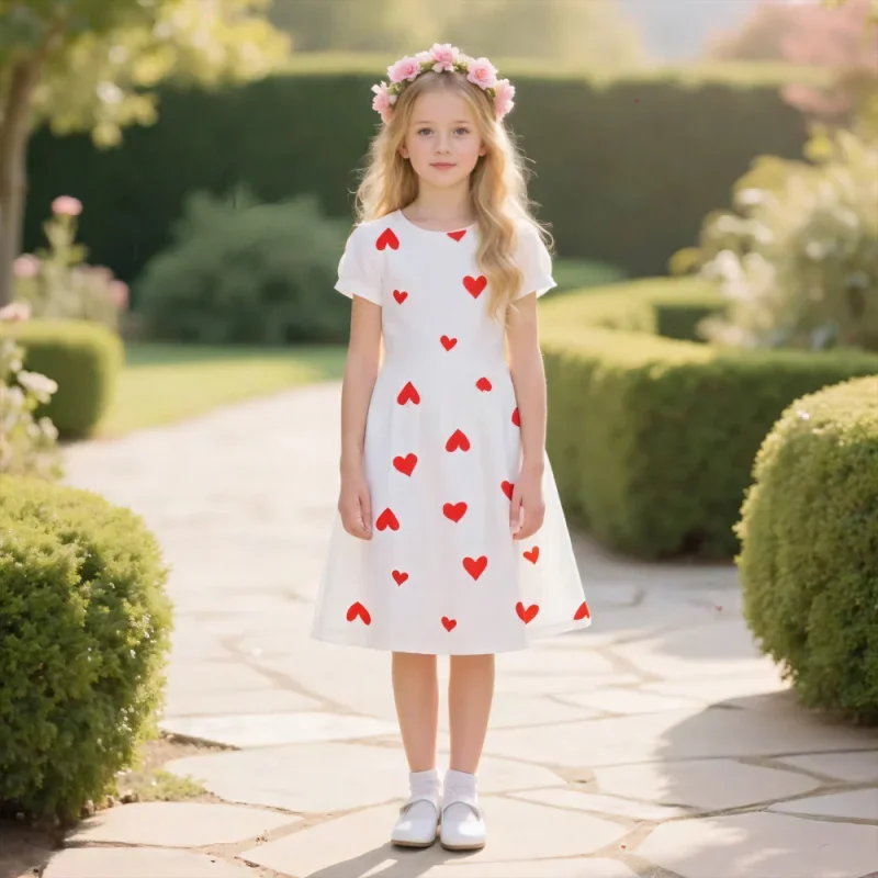 حار بيع! فستان كاجوال بأكمام قصيرة مطبوع عليه قلب أحمر لطيف لعام 2025 للفتيات، ملابس يومية وحفلات جميلة للأطفال