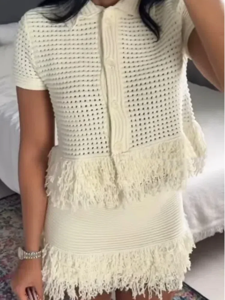 

Вязаное верхнее пальто с кисточками и запахом на бедрах, комплект с бахромой, ажурная сетка, трикотаж с лацканами, женский вязаный крючком свитер, куртка, короткие юбки