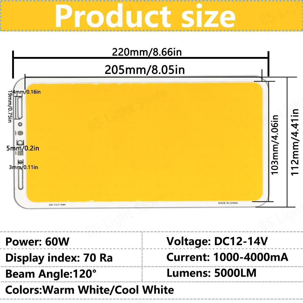 Imagem -04 - Led Cob Lâmpada Painel Led 220x103 mm Super Potência 60w 5000lm Ultra Brilhante Chip a Bordo Placa Matriz Faça Você Mesmo Fonte de Luz Branco Fresco 12v