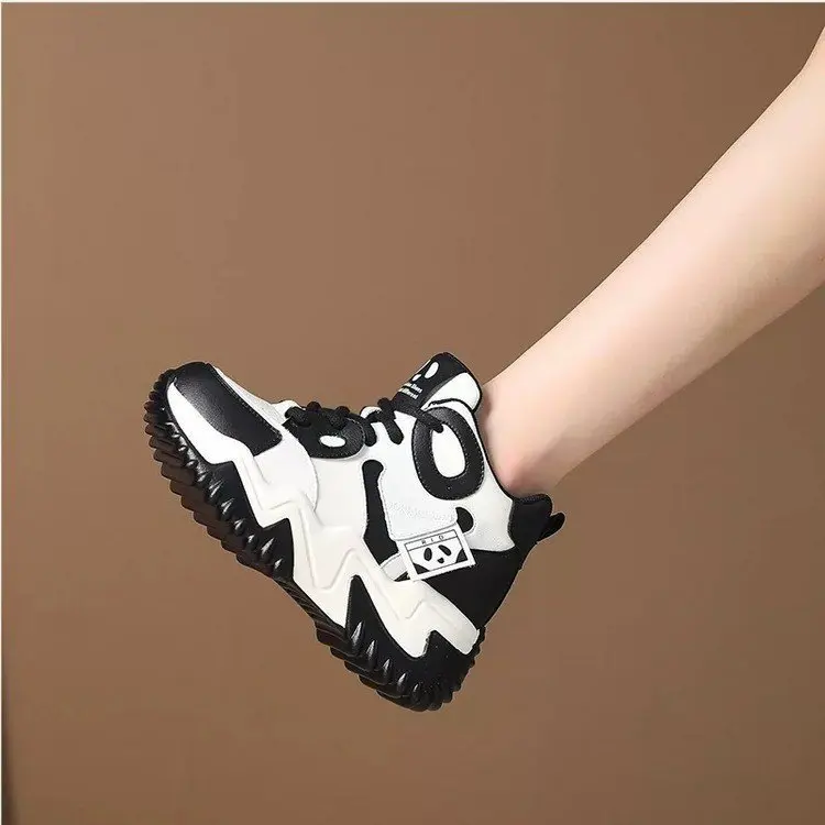Women Walking Sneakers New Autumn Lace-up High Platform Chunky Shoes Breathable Leather Shoes 10.5CM Wedge Heels Casual Shoes