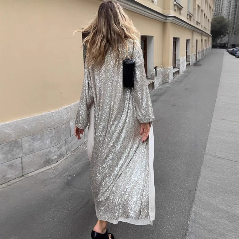 Glitter Sequins Silver Long Sleeved Long Cardigan Trend Coat Women Fashion Party Oversize Jacket 2026Autumn Female Chic Outwear