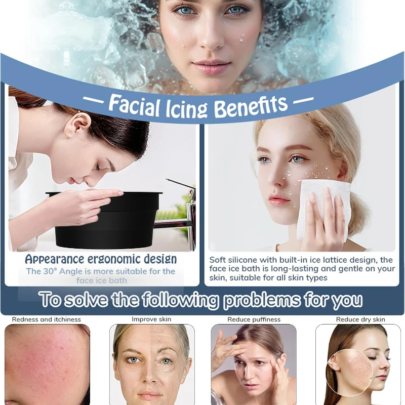 حوض وجه من السيليكون قابل للطي - ثنائي الاستخدام للعناية بالبشرة والعلاج البارد، مكعب آيس كيوب مضغوط متوافق مع ترطيب الوجه