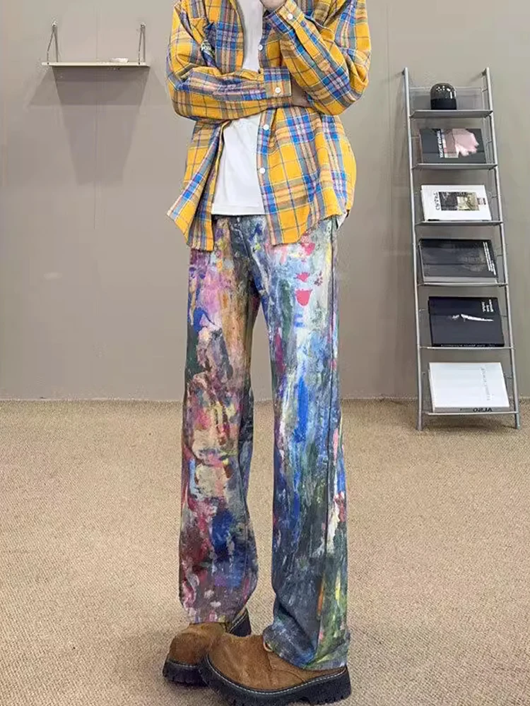 

American Hiphop Men's Spray Painted Denim Jeans Design Trendy Graffiti High Street Straight Leg Micro Flared Pants