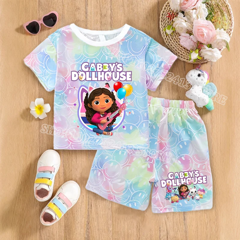 2pcs 개비 인형 집 세트 여름 통기성 땀 흡수 어린이 옷 아기 소녀 카와이 애니메이션 미소 짧은 소매 얇은 양복