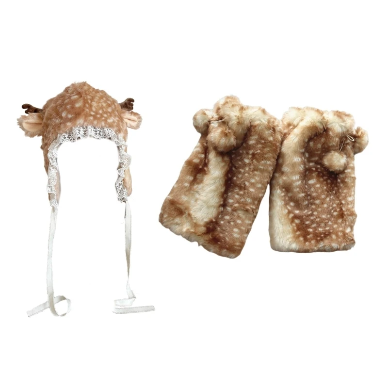 Oversized Deer Hat with Ear Lace Brim Furry Hood Leg Warmer Cartoon Cosplay Photo Props Outdoor Head Wrap