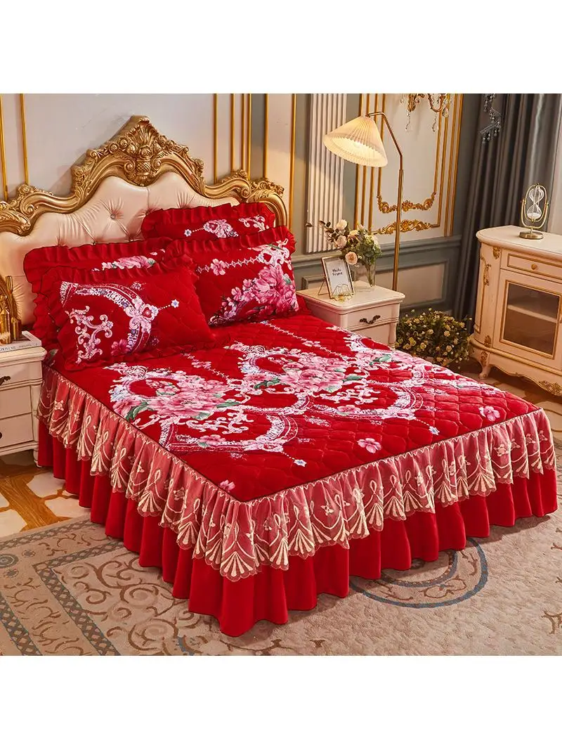 

Утолщенный комплект постельного белья из хрустального бархата: кружевная юбка для кровати, пододеяльник из хлопкового молочного бархата, наматрасник, комплект из четырех предметов