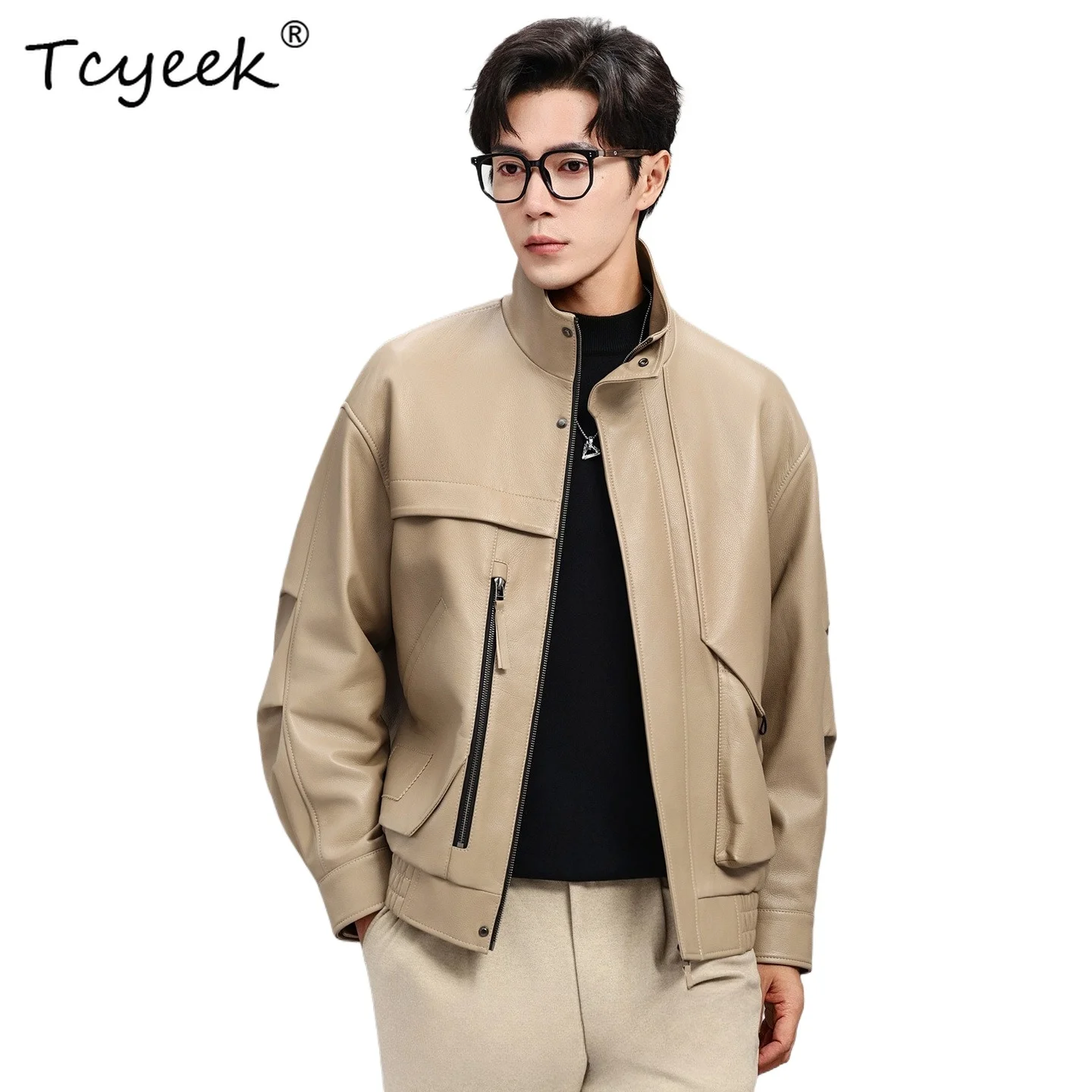 Tcyeek Sheepskin Genuine Leather Jacket Men Stand Collar Motorcycle Jackets for Man Loose Workwear-style Coats 2026 Veste Homme