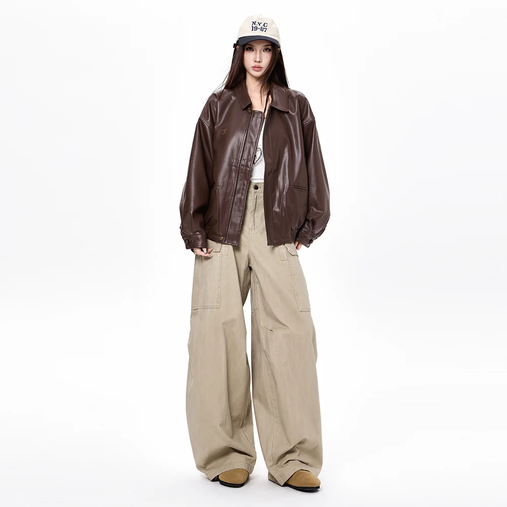 سترة نسائية كلاسيكية فضفاضة من الجلد الصناعي Pu قصيرة مع ملابس الشارع الشهير معطف نسائي بسحاب ريترو لسائقي الدراجات النارية معاطف خارجية للزوجين