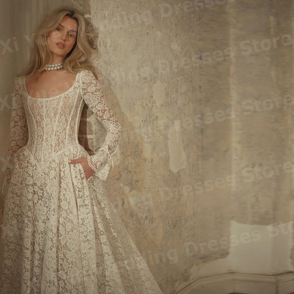 Robe De mariée luxueuse ligne A pour femmes, avec des Appliques en dentelle, personnalisée, dos nu, manches longues