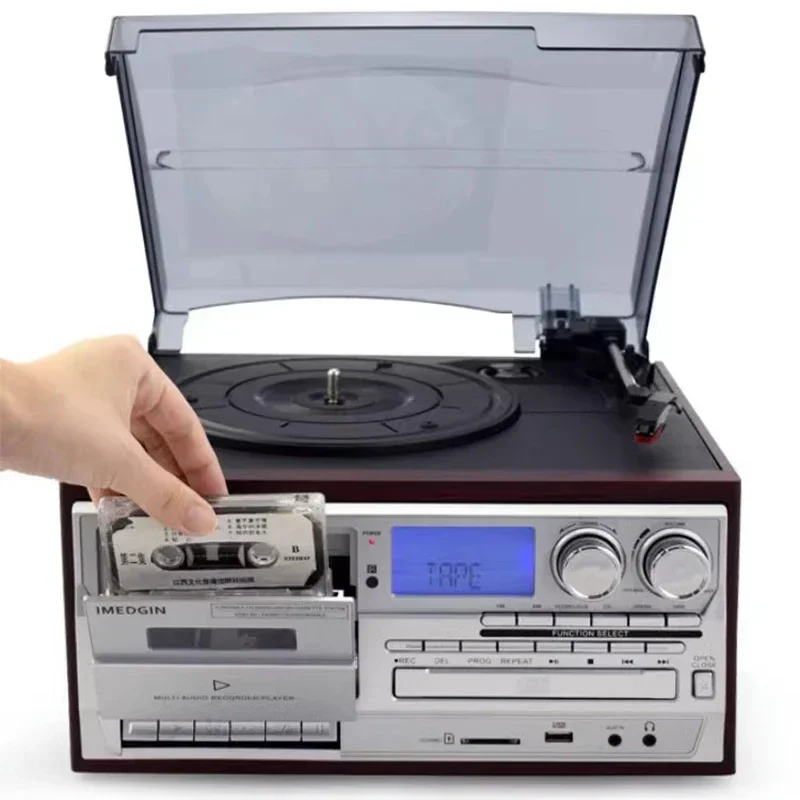Tocador de gravação de vinil lp, 3 velocidades, compatível com bluetooth, vintage, gramofone, fono, cd e cassete, rádio fm/am, usb rec