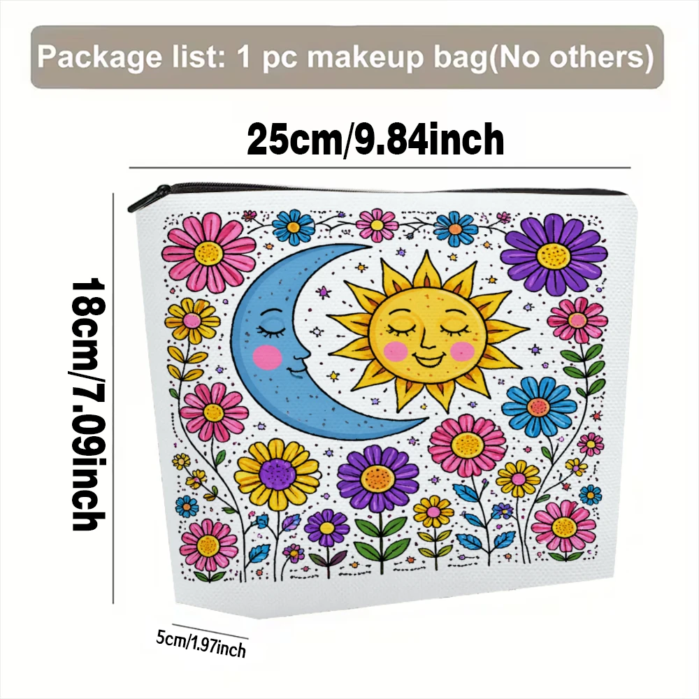 Sun Moon Flowers Stars Dots Makeup Bags for Girls Cosmetic Pouch Toiletry Bag Pencil Case Travel Storage