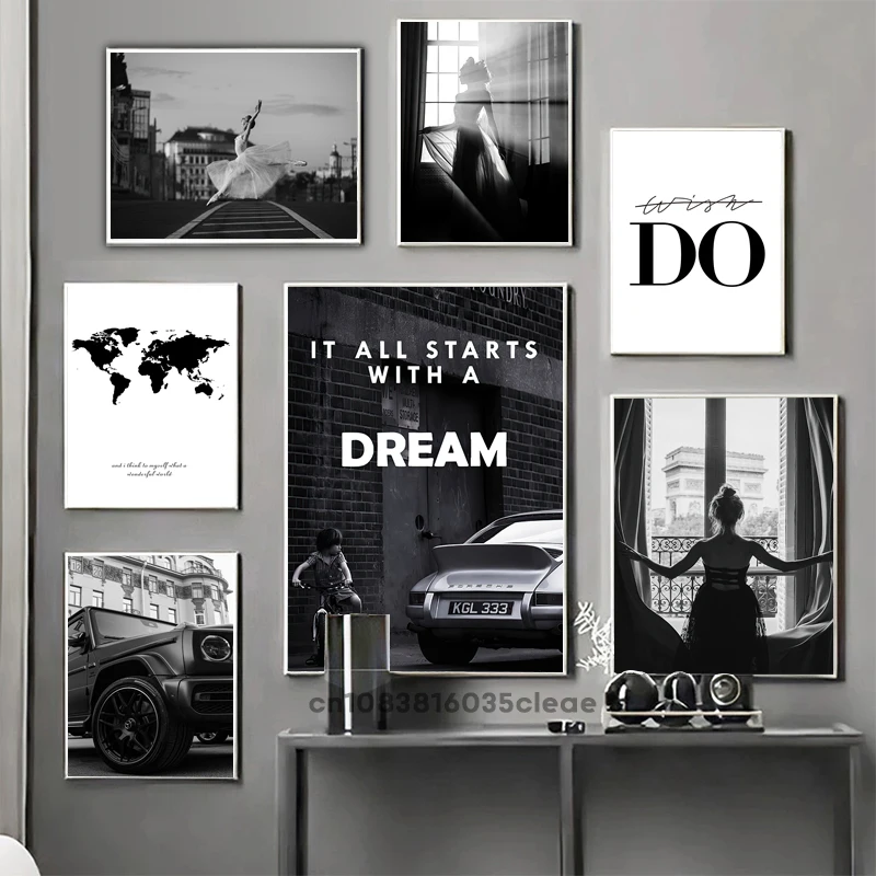 

Vintage Fashion Black White Dream Car Poster Decorative Paintings Inspirational Canvas Wall Art Pictures Photo Modern Home Decor