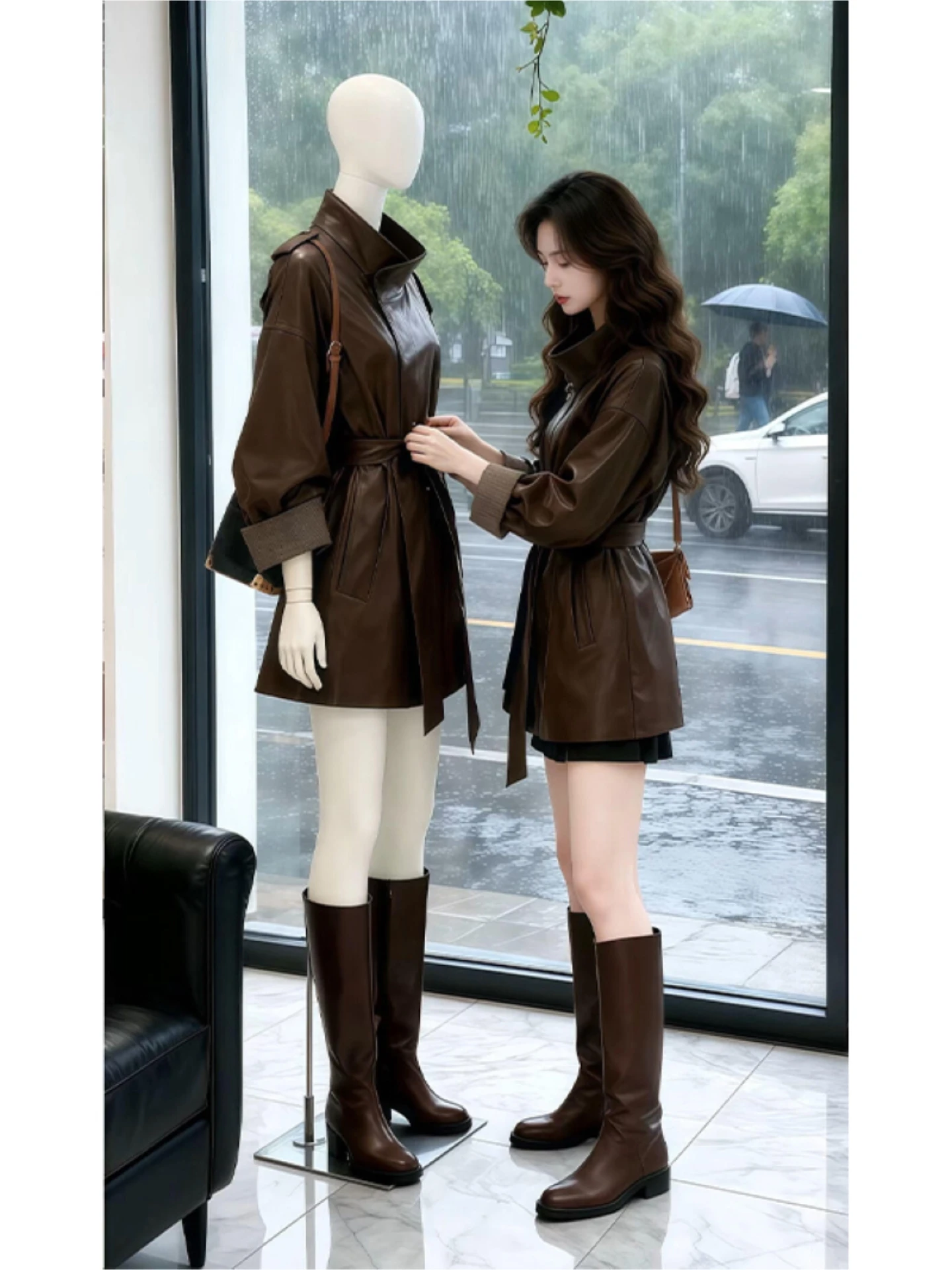 

Коричневый кожаный джет, женский галстук с поясом на талии, воротник-стойка средней длины, весенний новый универсальный топ Sle Ele, женская мода