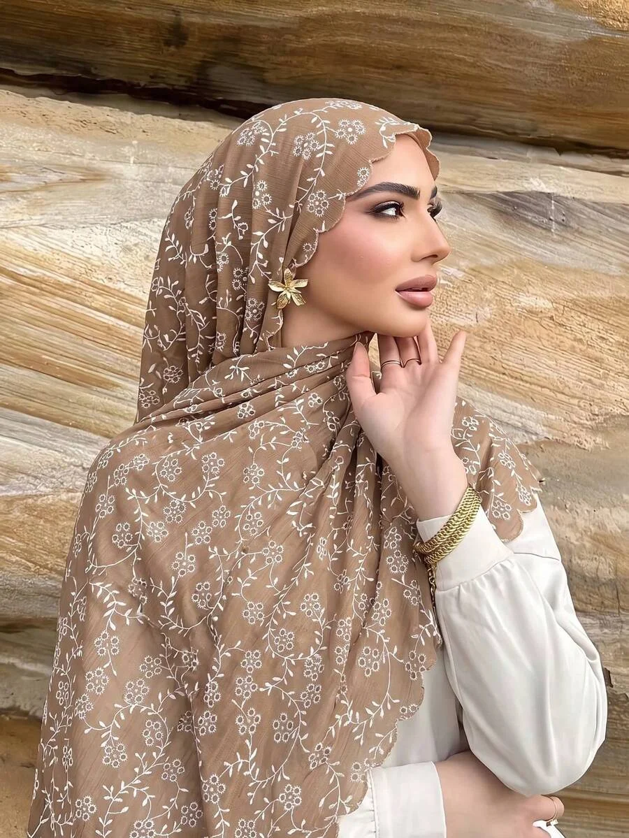 1pc Muslim White Floral Vine Embroidery Hijab Breathable Outdoor Headscarf Shawl Daily Wear Muslim Headscarf Islamic Shawl
