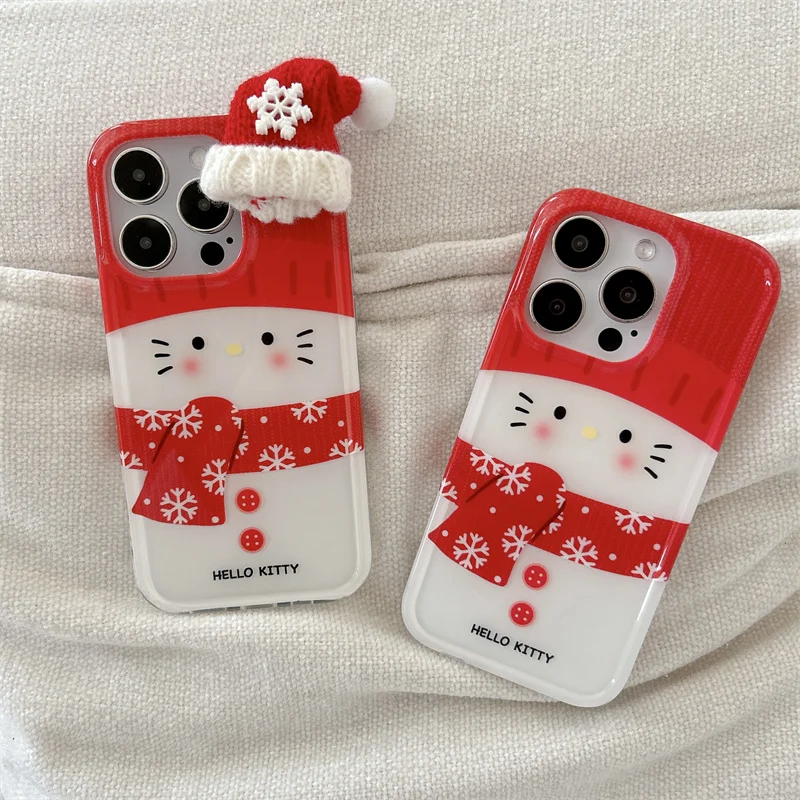 Cute Cartoon Christmas Hat Snowman Hello Kitty Phone Case For iPhone 13 14 15 16 Pro Max Lovely Snowflake Scarf Kitty protect