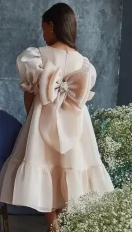 Princess Flower Girl Dresses for Wedding With Bow Short Sleeves Girl Kids Birthday Party First Communion Gowns Customized