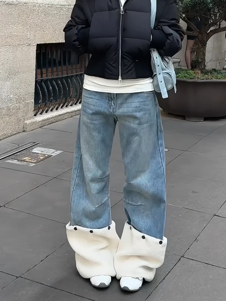 

American High Street Versatile Women's Jeans Retro Detachable Fce Leggings Floor-Length Trendy Pants Casual High Waist