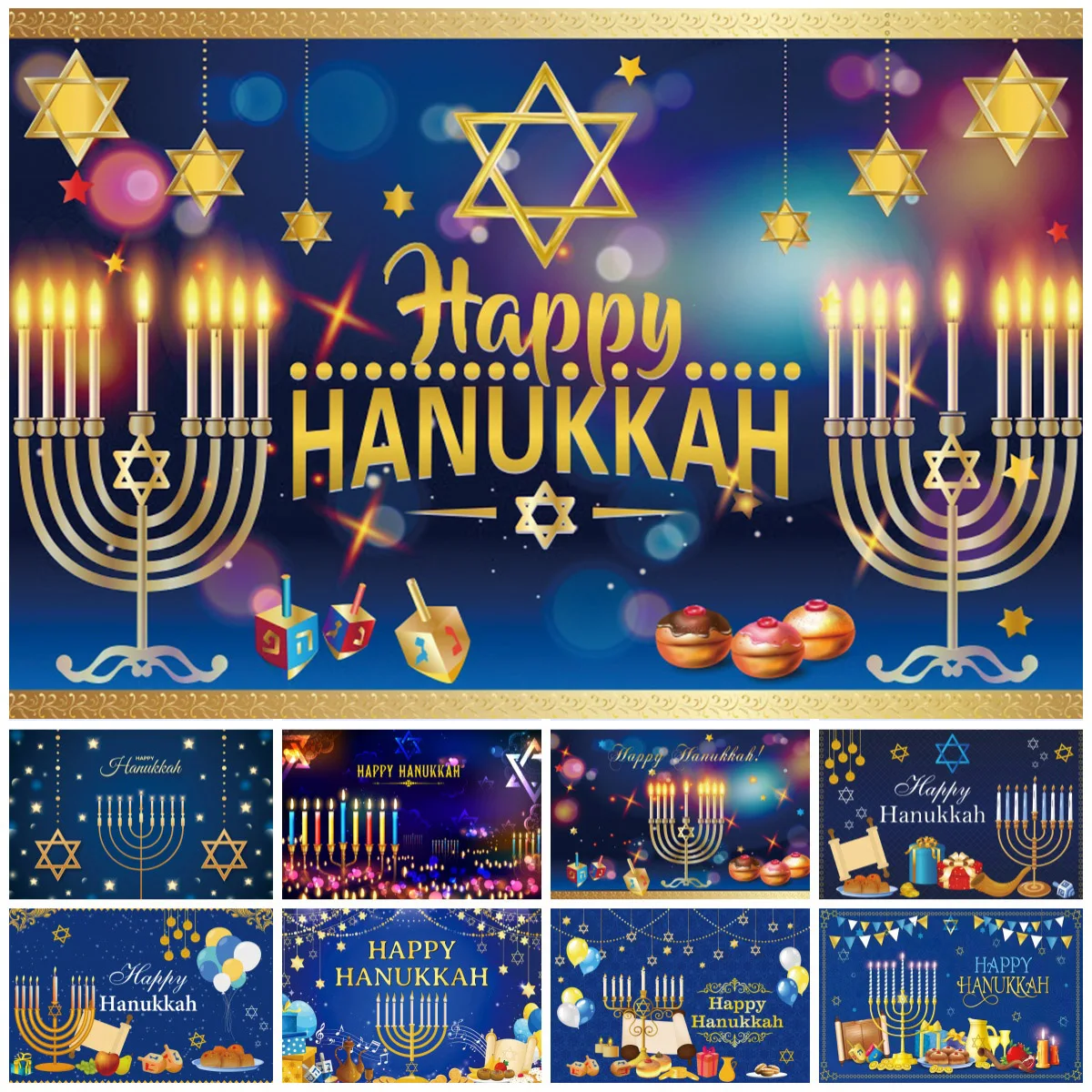 Happy Hanukkah Festival Backdrop Candlestick Bread Gift Whipping Top Jewish Holiday Party Decoration Backgrounds For Photographs