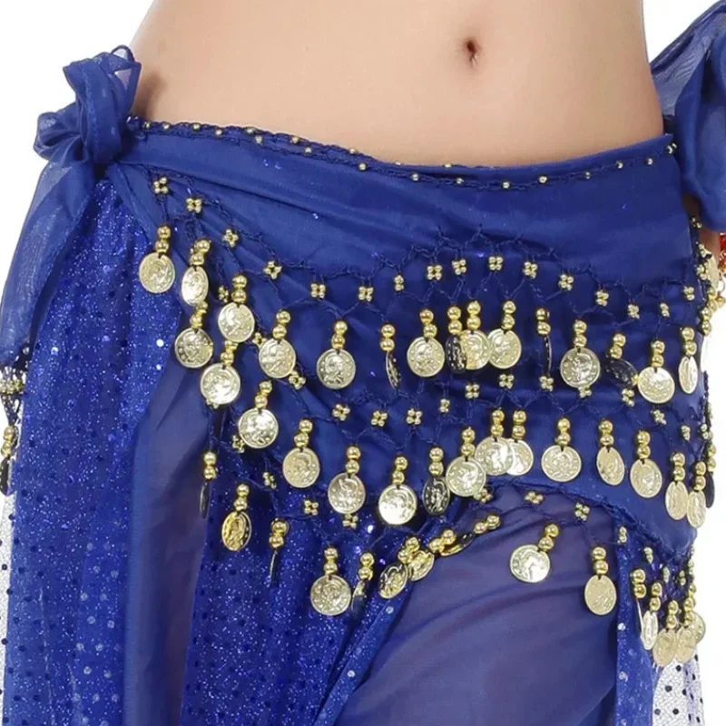 Buikdans Riemen 3 Rij Riem Gold Tone Munten Riem Vrouwen 140 Cm Pailletten Kwasten Chiffon Hippe Sjaal Accessoires Voor buikdans Riemen