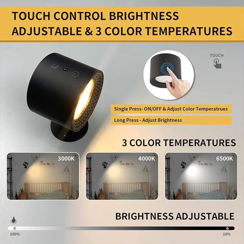 Lampada da parete a doppia testa a Led Touch Control Remote 360 ricarica USB girevole luce notturna portatile senza fili per lampada da lettura