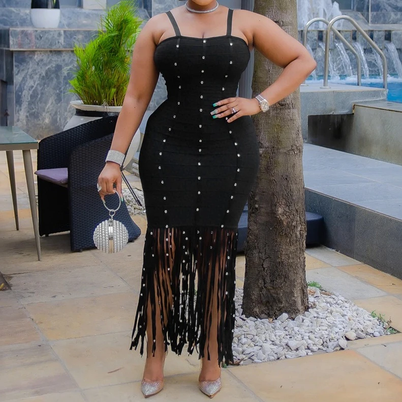 Abiti aderenti sexy patchwork con nappe per le donne Abito senza maniche senza schienale con cinturino per spaghetti Abiti streetwear femminili 2026