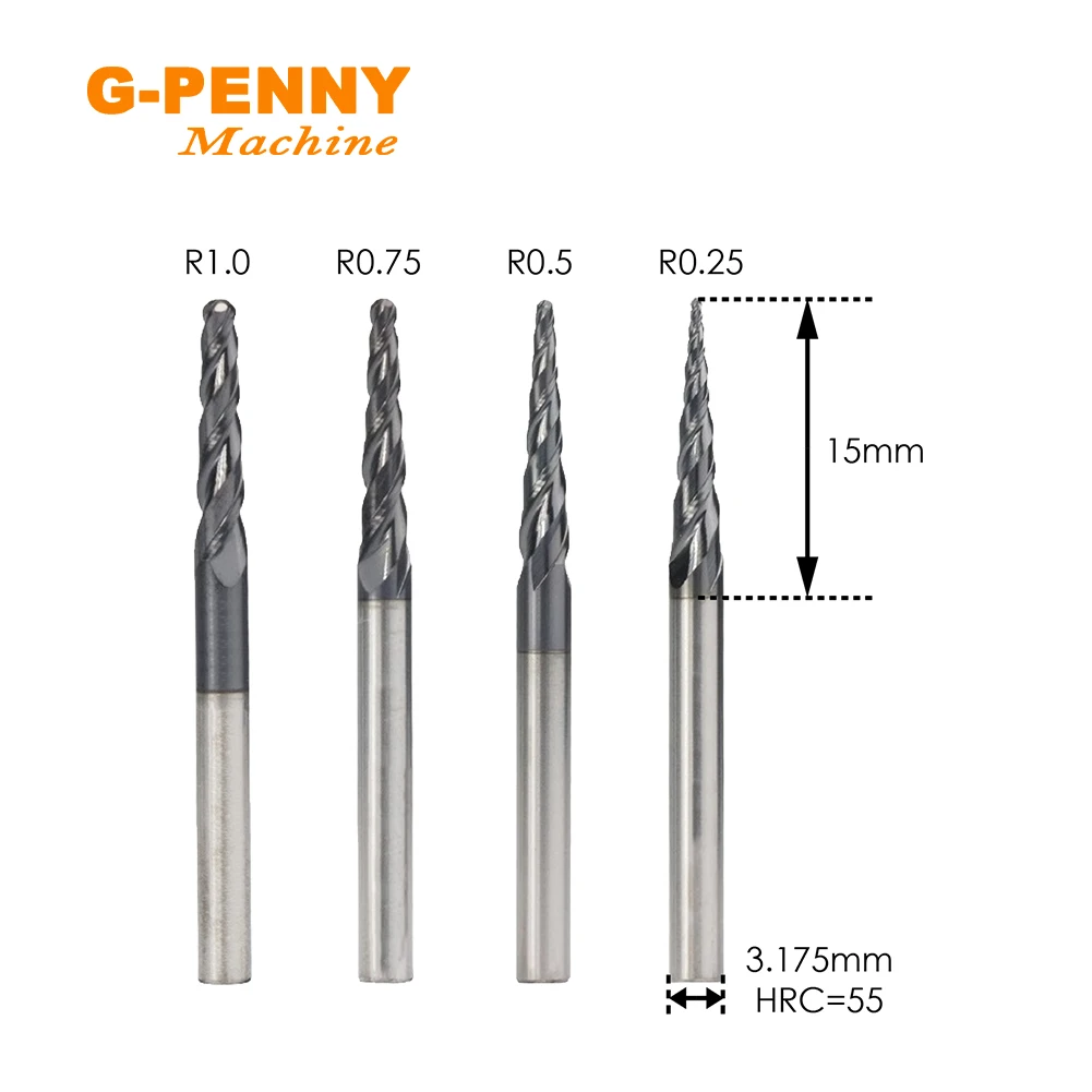 G-PENNY 1pcs R0.25/0.5/0.75/1.0 CNC Tungsten Solid Carbide Coated Tapered Ball Nose End Mills Taper Cone Milling Cutter