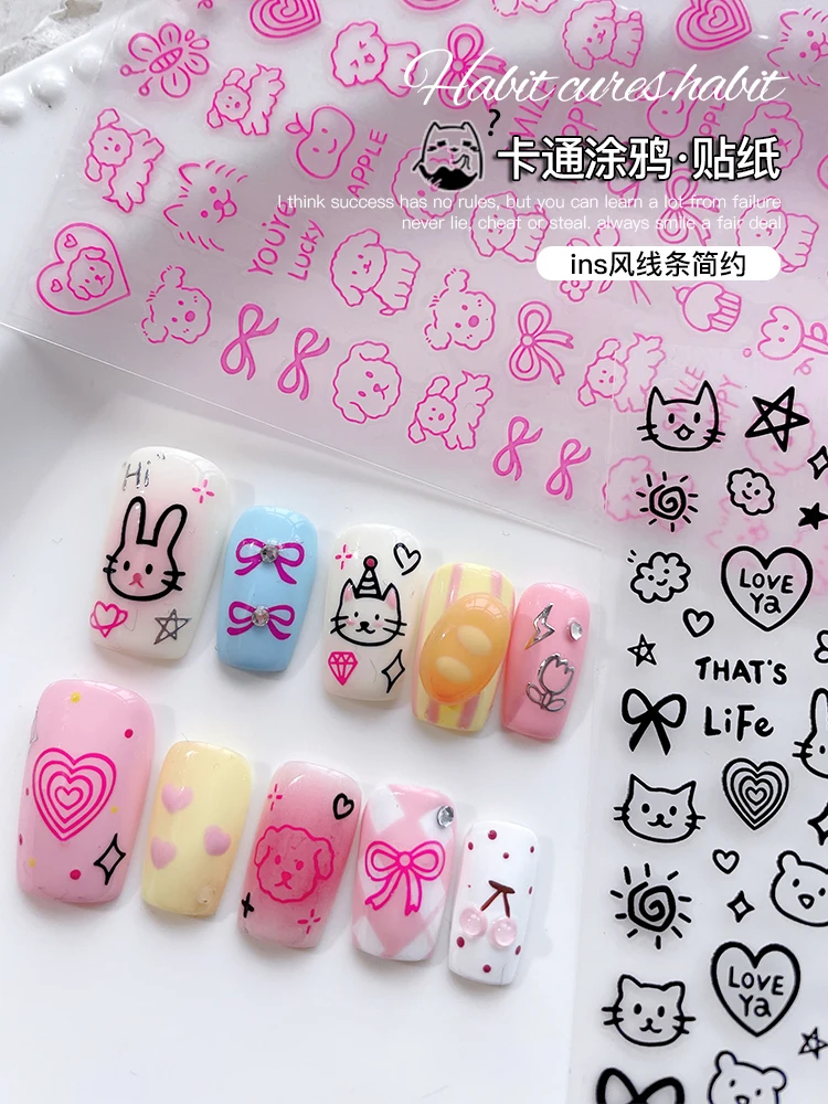 1pc 3D Cartoon Cute Cat Nail Sticker Graffiti Love Heart Gold Bronzing Star Slider Silver Charm Nail Art DIY Manicure Decoration