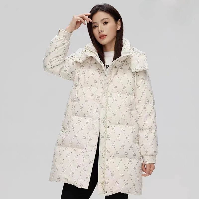 

Зимний пуховик средней длины с принтом и капюшоном, женский пуховик на белом утином пуху, свободная парка, верхняя одежда, женская утепленная теплая куртка на молнии