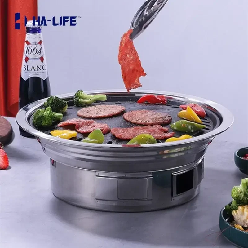 HA-Life Portable Charcoal Grill Pan for Camping - Outdoor Barbecue Pot with Korean Style Grill