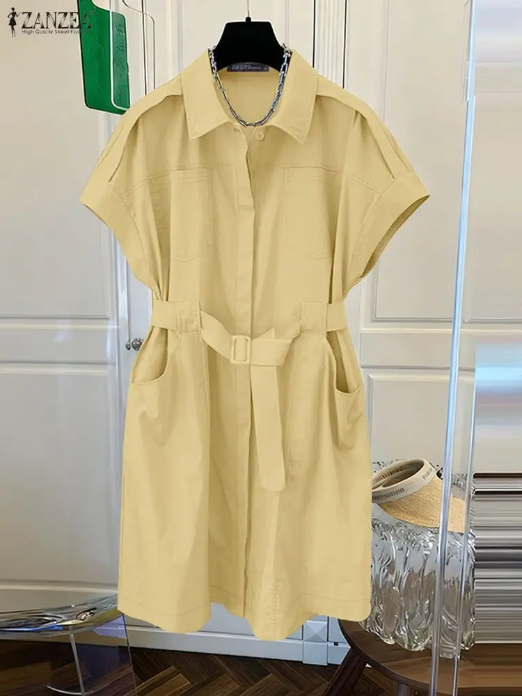 여성 캐주얼 반소매 벨트 셔츠 드레스 턴다운 칼라 버튼 업 패치워크 무릎 길이 드레스 ZANZEA 작업복 S-3XL