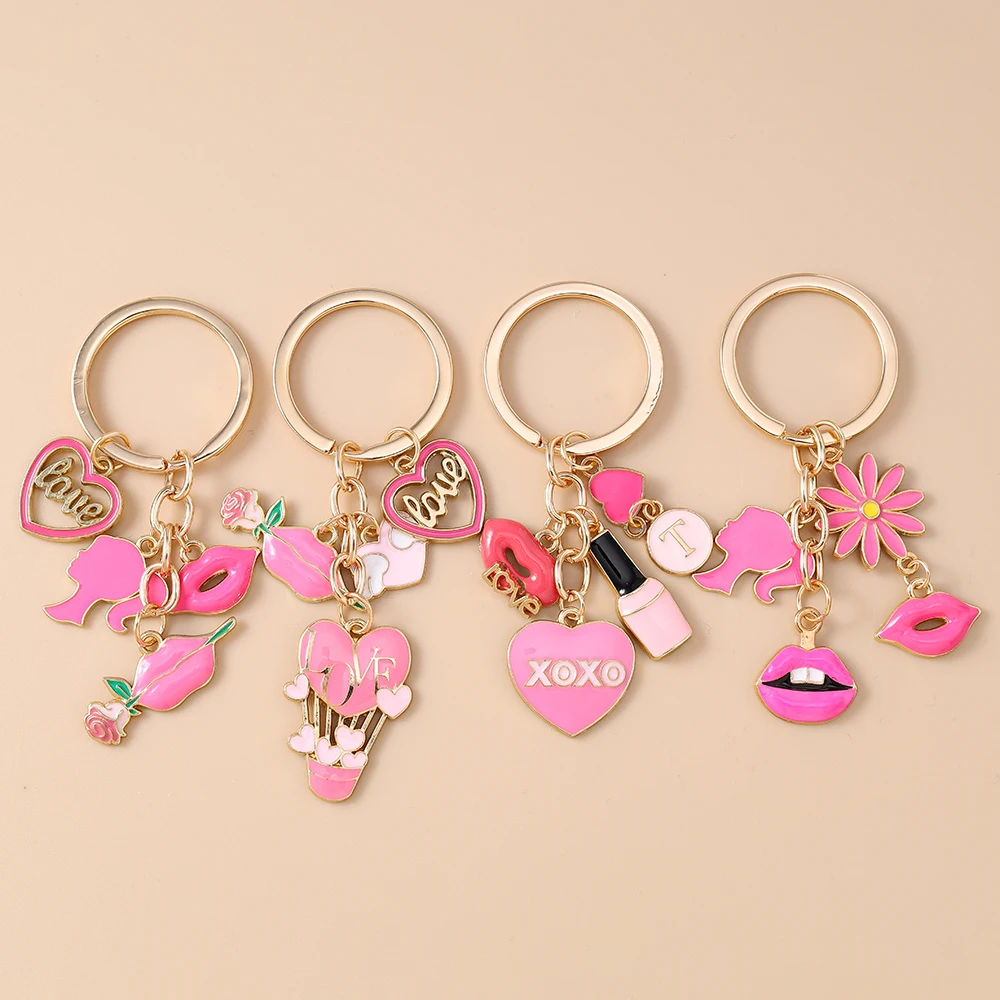 

Cute Enamel Pink Love Heart Keychain Women Girls Sexy Lip Flower Key Ring Pendants for Handbag Decor DIY Handmade Jewelry Gifts