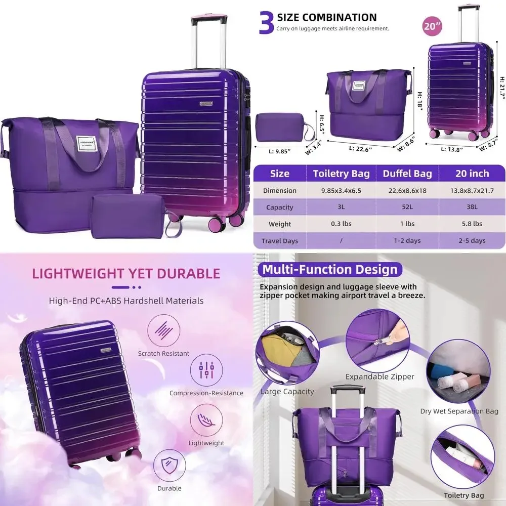 Juego de equipaje giratorio rígido de 3 piezas, aprobado por aerolínea de 20 pulgadas, material PC+ABS, maleta de gran capacidad para viajes