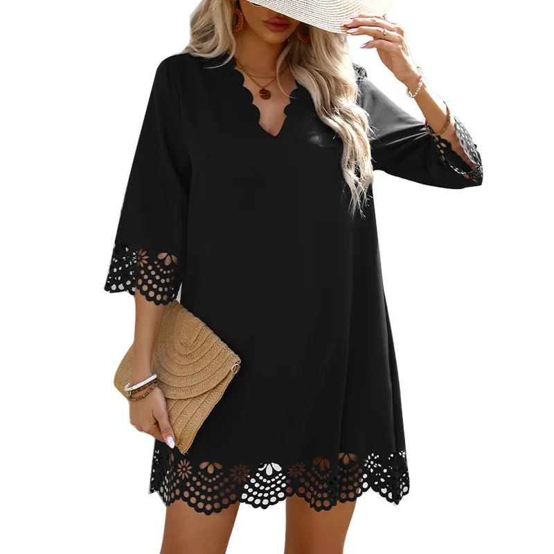 Femmes mince été 3D trou évider ample Vintage Sexy élégant Befree robe Boho décontracté fête Midi à manches courtes Dresse