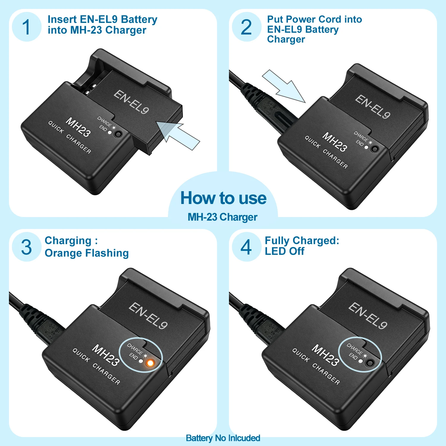 MH-23 Batterieladegerät für Nikon EN-EL9/EN-EL9A Akku für D5000 D3000 D8000 D60 D70 D50 D40 D40X Kamera – Detail 4
