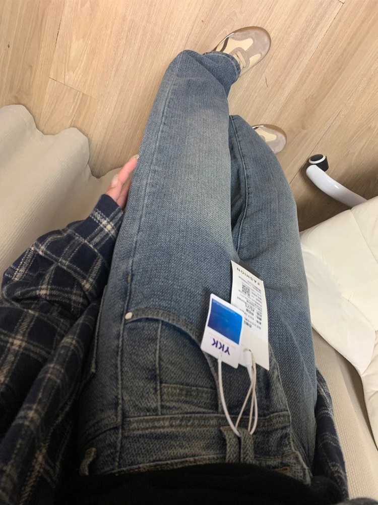 

Джинсы женские с высокой талией, свободного кроя, широкие штанины, прямые, в пол, больших размеров, осенне-зимние, винтажные, синие, цвета пшеницы