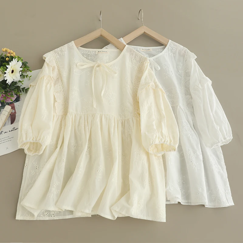 

Japanese Sweet Mori Girl Solid Color Embroidery 100% Cotton Shirts Women Summer Lace Up O-Neck Half Sleeve Casual Loose Blouse