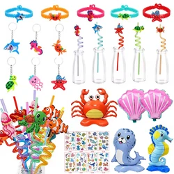 Ocean Sea Animals Themed Party Supplies Sea Animal Plastic Straws Keychains Turtle Crab Seahorse Shark Balloon Party Decorations