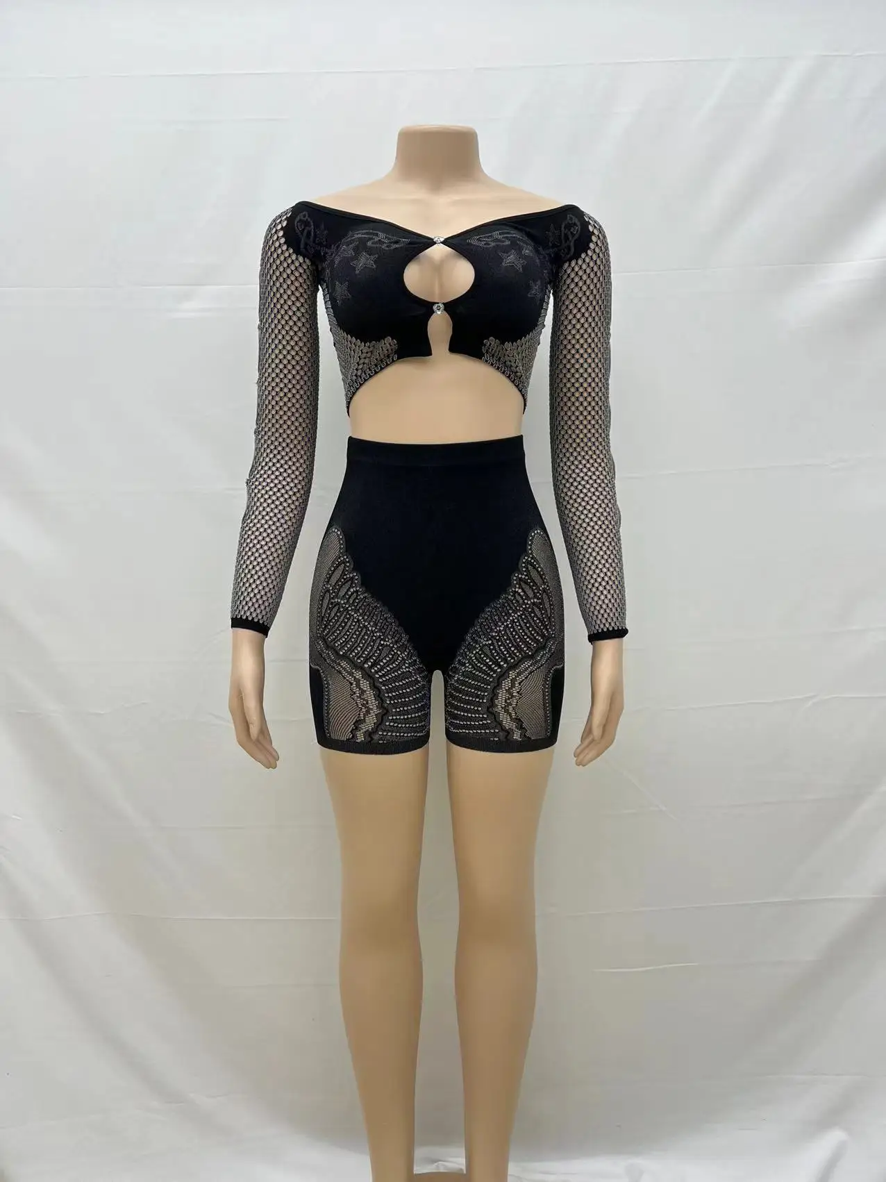 Sexy Summer Thin Off SHoulder Full Sleeve Hollow Top+Elastic Matching Shorts Mesh Patchwork 2 Piece Set Sheer New Clubwear