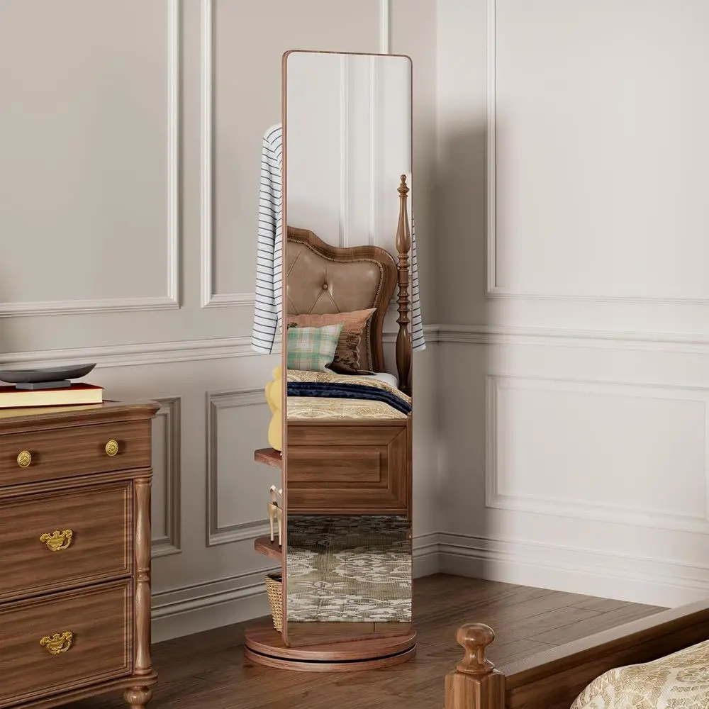 

Solid Walnut 360° Rotating Mirror Coat Rack with Storage Hooks and Shelves - Multifunctional Organizer for Home