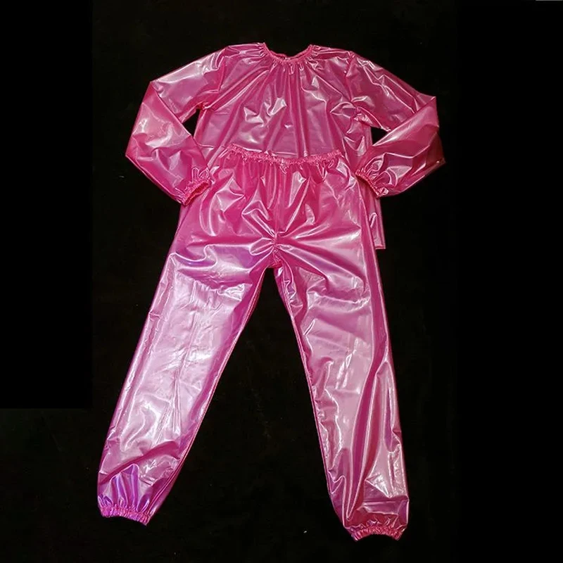 

Man Sexy Pink PVC High Gloss Pullover Trousers Set Women Soft Long Sleeved Round Neck Shirt Lantern Pants ABDL Plastic Underwear