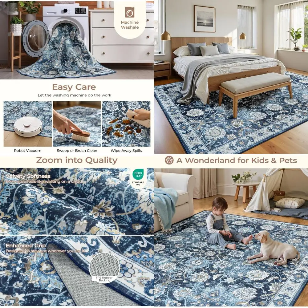 

5x7 Vintage-Style Area Rug, Soft Low Pile for Living Room, Bedroom, Dining, Playroom, and Nursery, Non-Slip, Ultra Soft, Blue Ga