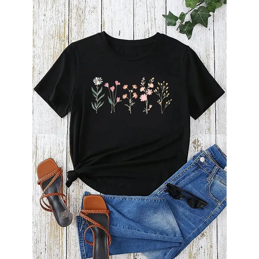 Drôle imprimé fleuri femmes T-shirt été décontracté à manches courtes haut col rond pour femme fleur vêtements hauts t-shirts Y2K Streetwear