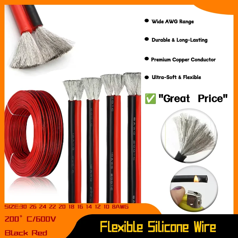 

2~50m 30 26 24 22 20 18 16 14 12 10 8AWG Red Black Heat-Resistant Silicone Wire Automotive Wiring Car Battery Copper Cable