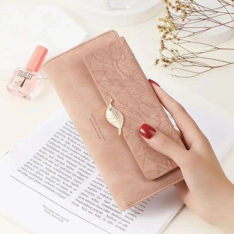 

2024 Simple Frosted Leaf Buckle Card Holder Large Capacity Women Clutch Wallets Korean Vintage PU Leather Ladies Long Wallets