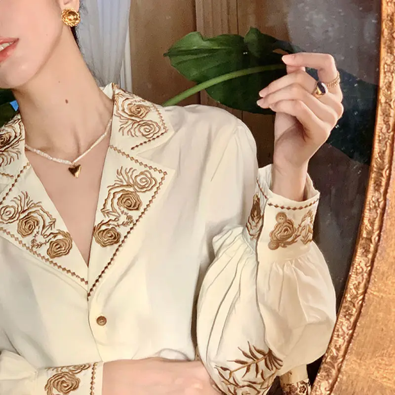 Exquisite Blouse Women Elegant Retro Shirt Embroidered Floral Top Long Sleeve Korean Office Ladies Luxury Designer Clothes